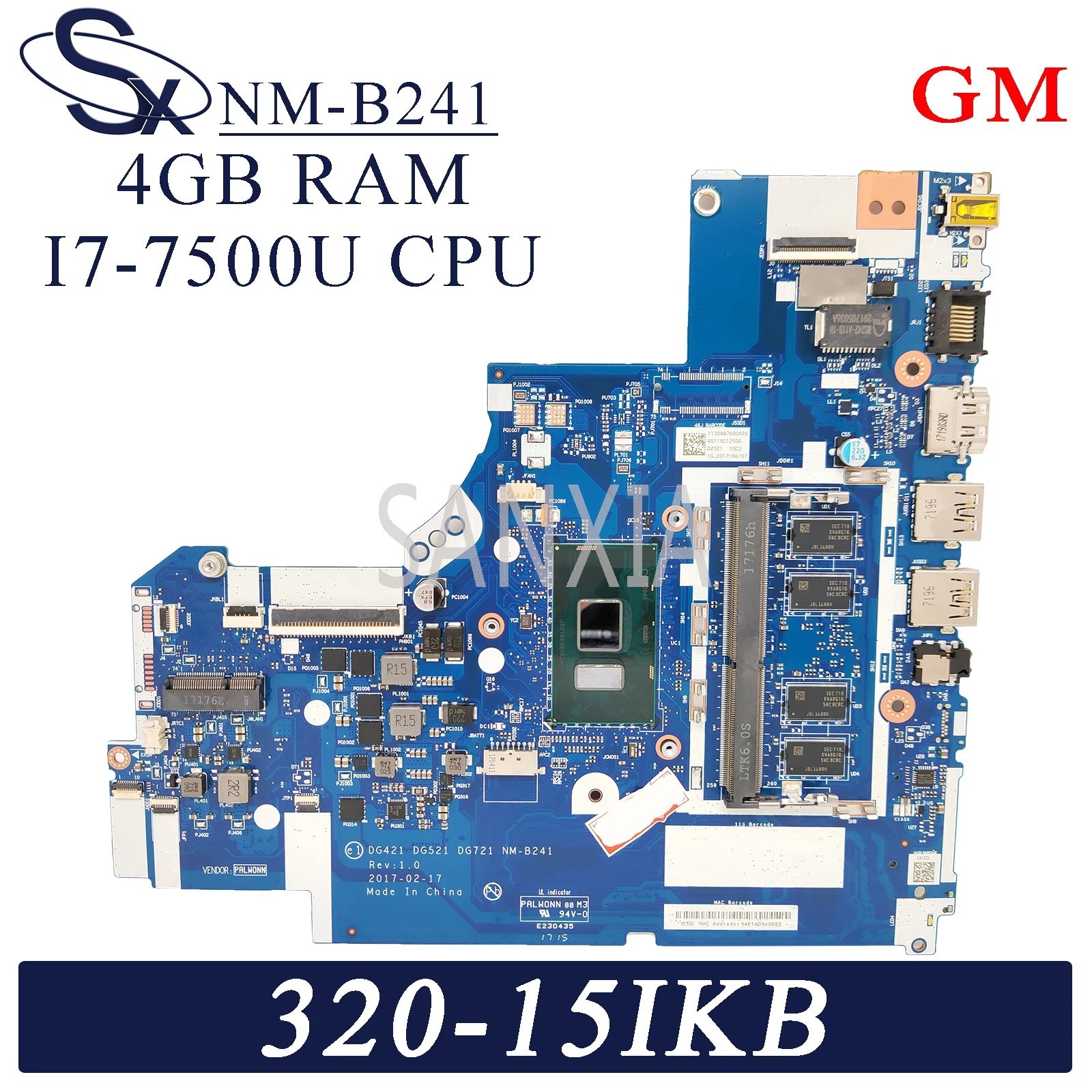 

Материнская плата KEFU NM-B241 для ноутбука Lenovo Ideapad 320-15IKB, оригинальная материнская плата 4GB-RAM I7-7500U GM