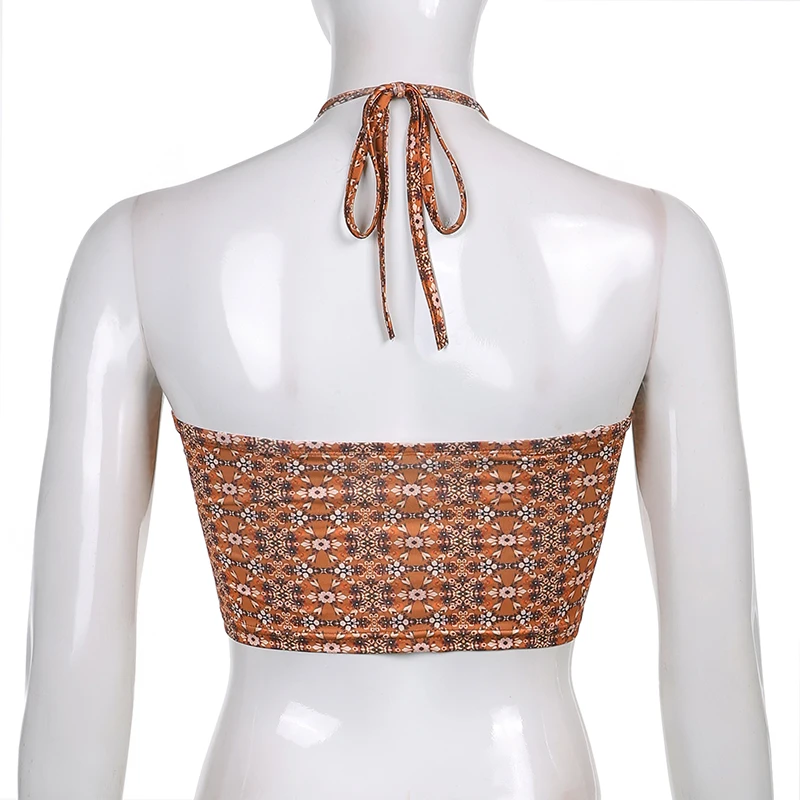 

Daisy Printed Cut Out Y2k Halter Crop Top Women Bandage Fashion Tanks 2021Summer Sexy Backless Girls Shirt Female Tee Beachwear
