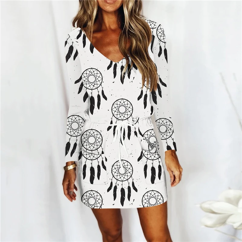 

Star Feather Print Elegant Dresses for Women 2021 Casual Long Sleeve V Neck Bandage Slim Fit Pockets Mini Dress Female Clothing