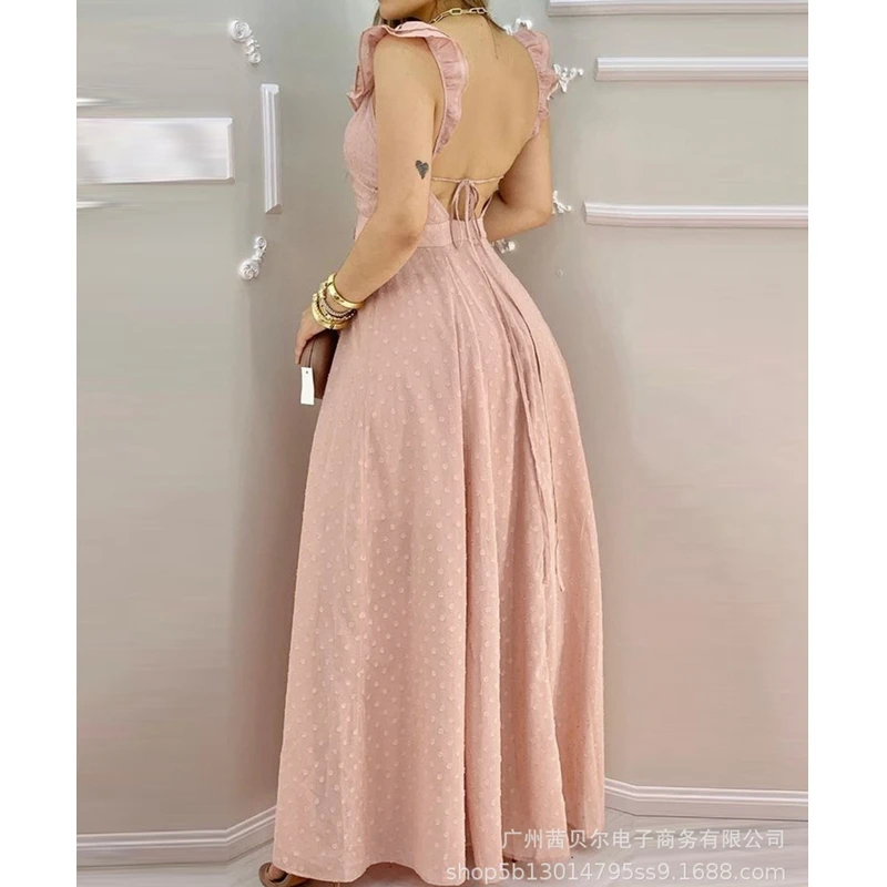 

Mandylandy Dress Summer V-neck Backless High Waist Spaghetti Strap Dress Women Casual Solid Color Slim-Fit Patchwork Lace Dress