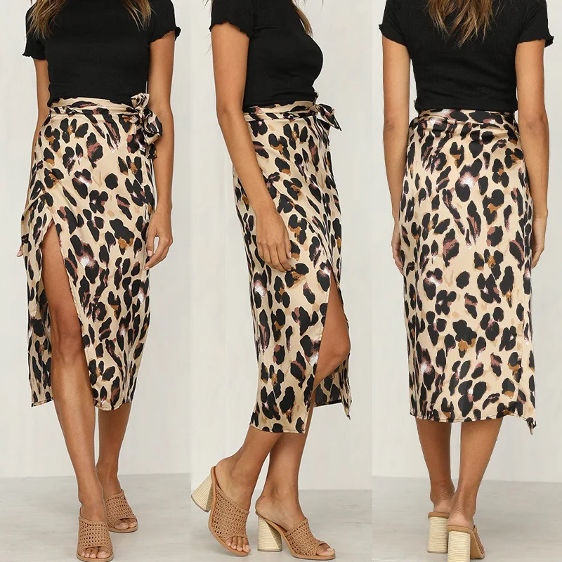 

2020 New Women's European and American Sexy Wild Leopard Bow Bandage Leopard Print High Waist Slit Skirt