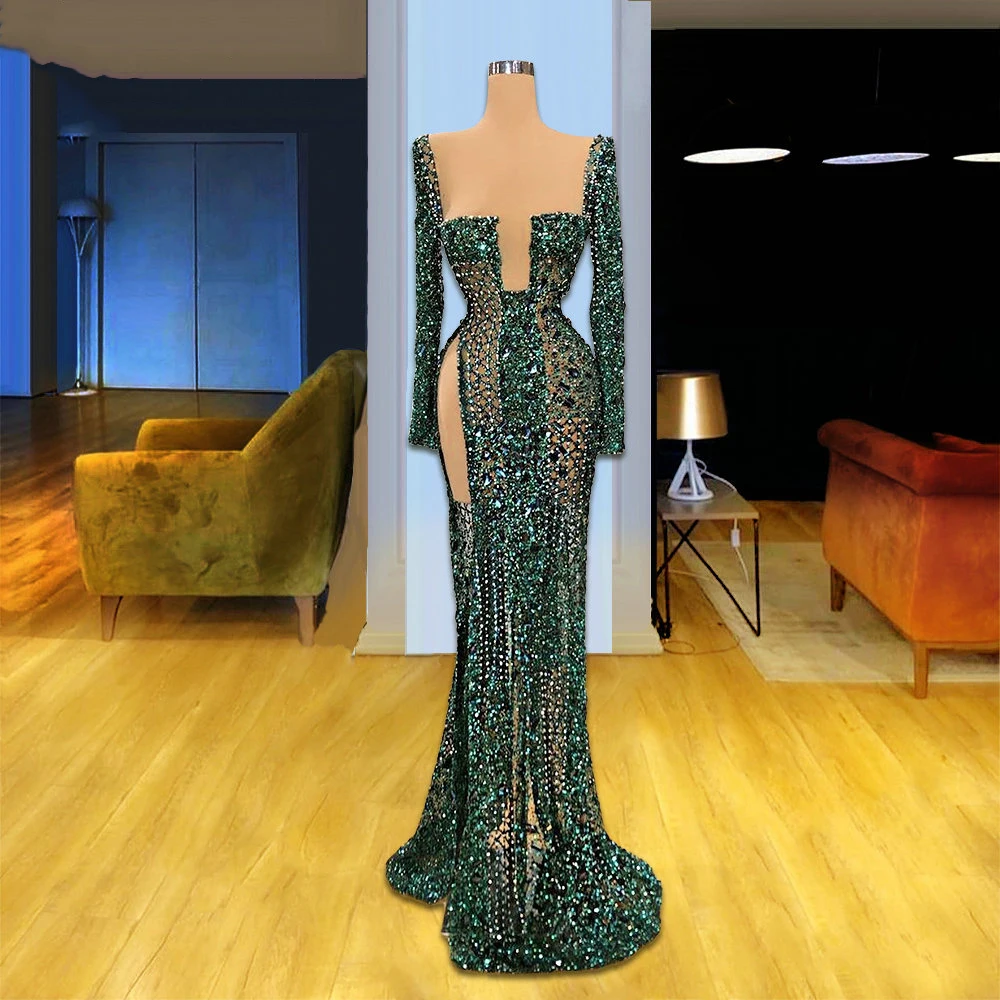 

YILIBER Evening dresses 2021 vintage vlack pearls long sleeves evening gowns beading prom dresses for women short dresses