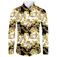 luxury long sleeves shirt mens casual golden floral printed baroque style royal shirt summer prom party hawaiian shirt oversize