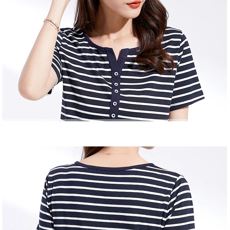 

Striped Womens Tops Button V-Neck Women T Shirt Cotton 2020 Summer Casual T-Shirt Short Sleeve Camisetas Mujer Tee Shirt Femme