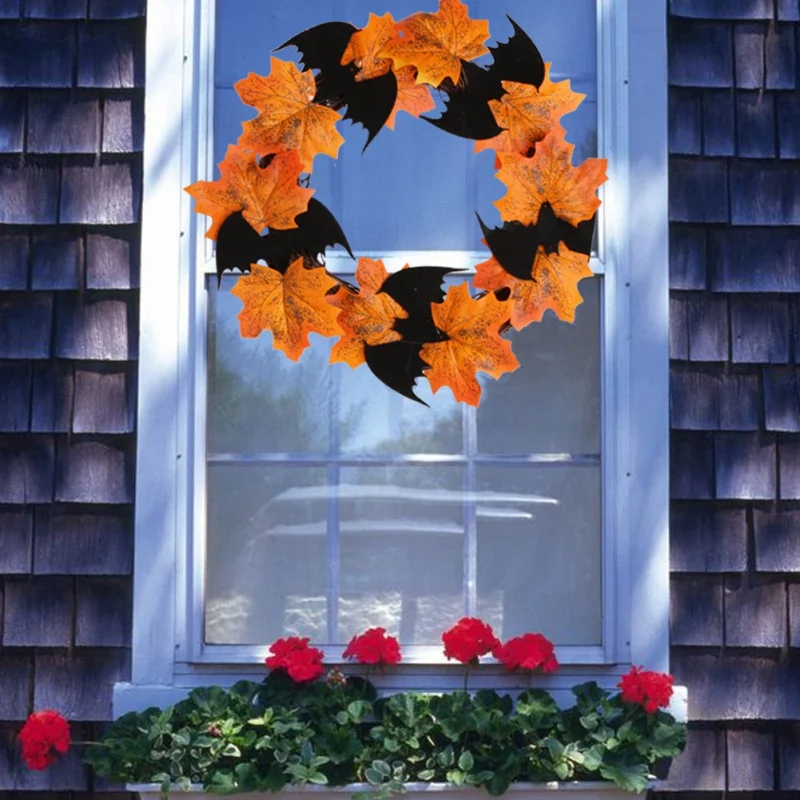

Halloween Door Wreaths Artificial Bat Maple Leaf Harvest Wreath for Front Door for Halloween Thanksgiving Decor 2