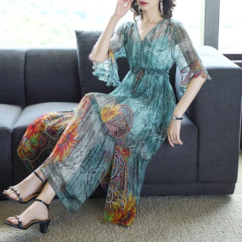 Модное женское летнее платье с v-образным вырезом и принтом Шелковое высокой