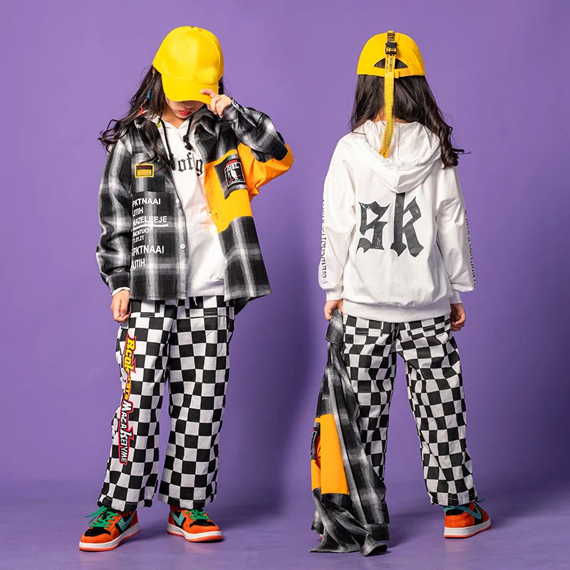 

White Hoodie Plaid Shirt Pants for Boys Girls Jazz Dance Clothes Street Dance Outfits Kids Hip Hop Dance Clothing XS1260