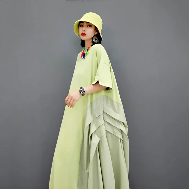 

XITAO Folds Chiffon Patchwork Dress Asymmetrical Women Summer New Casual O-neck Collar Loose Simplicity Fashion Trendy WMD0964
