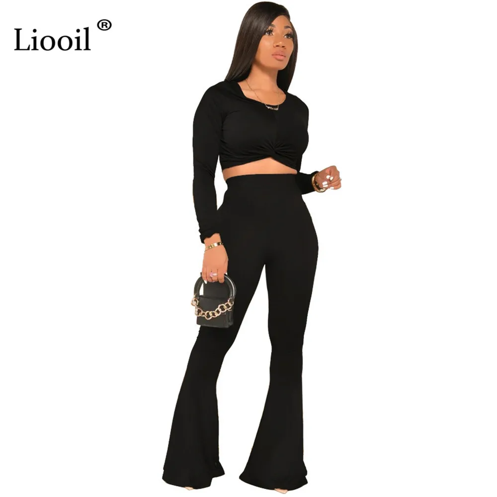 

Liooil Two Piece Set Sexy T Shirt Short Tops And Flare Pants 2021 Autumn Long Sleeve O Neck 2pcs Club Outfits Matching Suit Sets