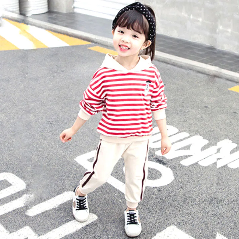 

Clothing Set Fashion Cartoon Print Striped Hooded Sweater Jacket + Sweatpants1-5 Years Old Baby Girls High Quality child clothes