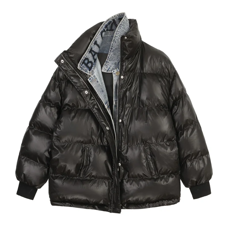 Winter women's coat cotton clothing casual solid color fake two denim stitching | Женская одежда