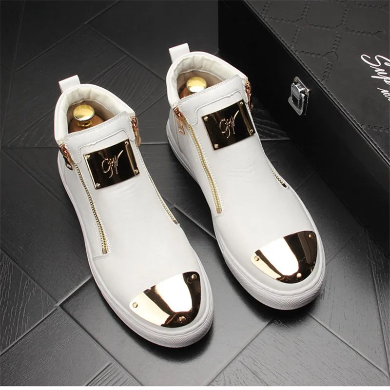 

Gold Leather Men Sneakers Punk Casual Shoes Hip Hop Male High Tops Zip Ankle Boots Flats Zapatillas Hombre