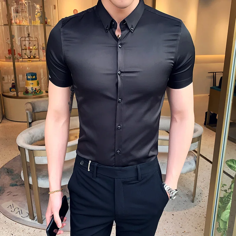 Высококачественная Мужская рубашка с коротким рукавом однотонная повседневная