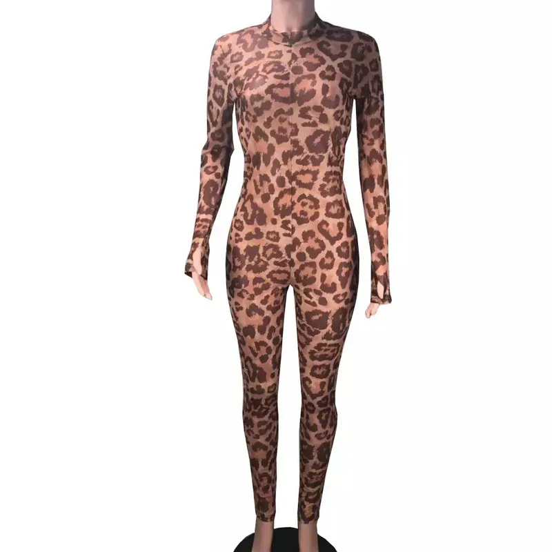 

Sexy Leopard Print Romper Women Transparent Fishnet Long Sleeve Tops Ladies Leotard Bodysuit Jumpsuit Women Clothes S-XL