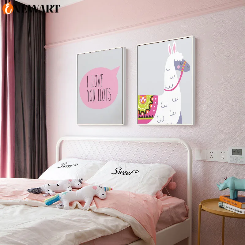 Розовый Мультфильм Альпака ребенок постер животное стены искусства холст принт