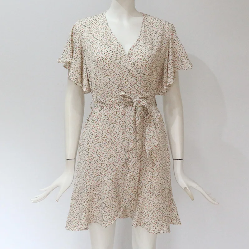 

2020 European and American summer sexy chiffon floral print short sleeve V-neck dress women