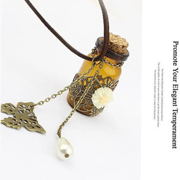 Long retro leather cord sweater chain Wooden cork carved wishing bottle necklace | Дом и сад