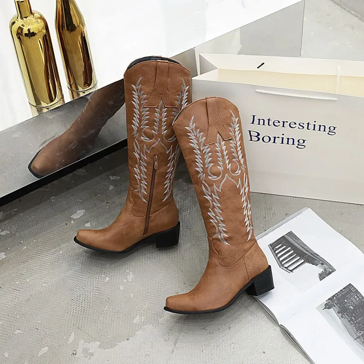 

Embroidered high cylinder boots women's round head fashion boots large size women's boots
