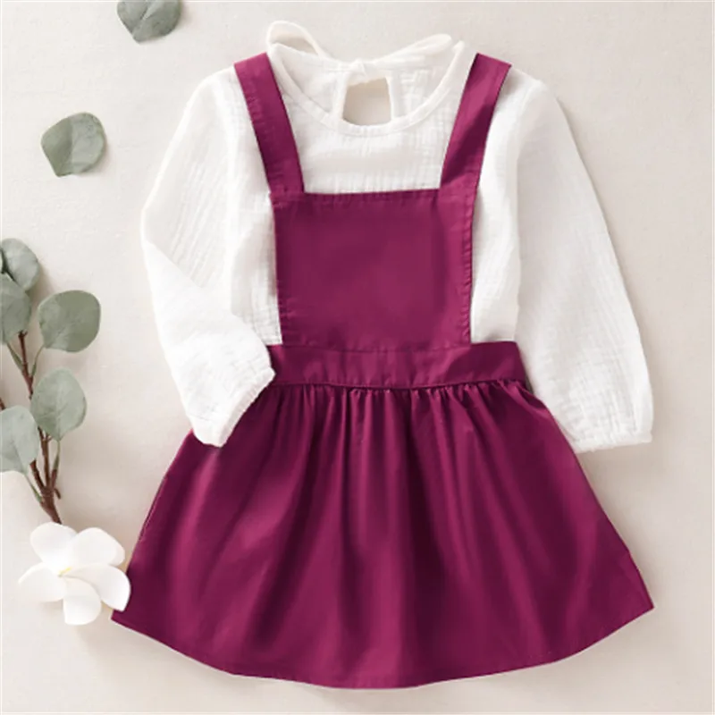 Детский комплект белая рубашка с длинными рукавами топы для девочек фиолетовые