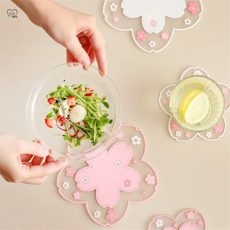 

Silicone Cherry Blossom Heat Table Mat Tea Coffee Drink Cup Cute Coaster Non-slip Pad for Kitchen Drying Dishes Mat Pot Placemat
