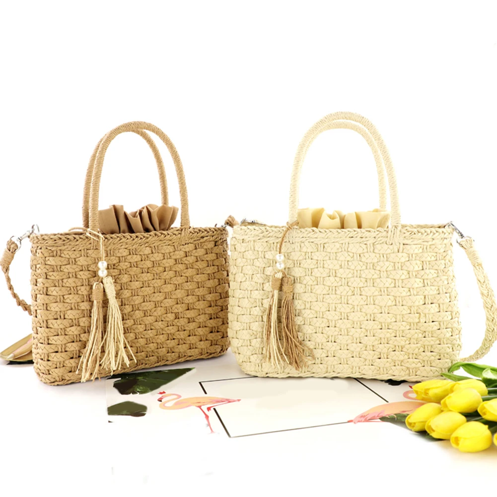 

Fashion Rattan Women Woven Handbags Lady Drawstring Shoulder Bags Summer Beach Straw Bag Large Capacity Tote Bag