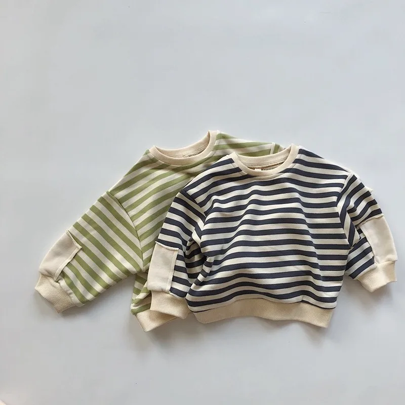 

WLG Girls Boys Hoodie Kids Clothes Spring Fall Patchwork Striped Green Gray Sweatshirt Baby Casual All Match Clothes for 1-6T