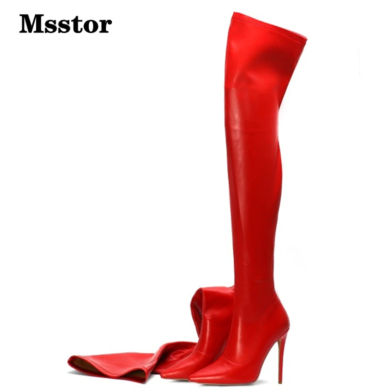 Msstor Snake Print Knee High Boots Women Red Sexy Zipper Party Thigh Pointed Toe Winter Heels Green | Обувь
