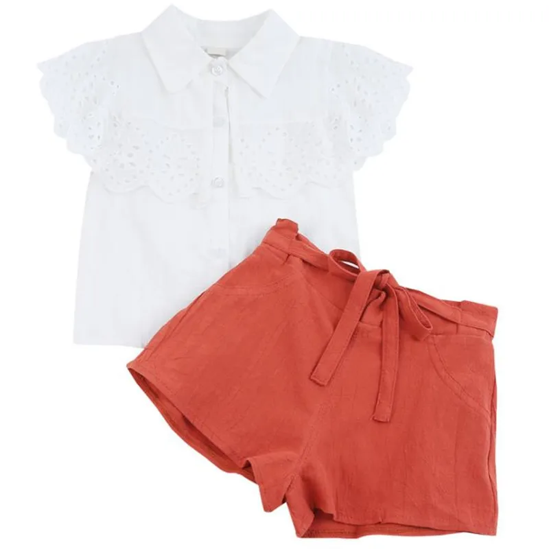 

DFXD Kids Summer Clothes Set 2020 New Arrival White Lace Blouse Tops Bow Shorts Casual 2pc Outfit Set 2-8T Cotton Kids Clothes