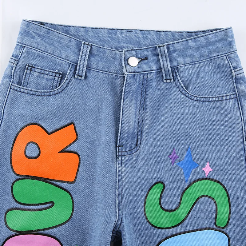 

Hip Hop Rainbow Letter Print High Waisted Jeans Woman Streetwear Ladies Trousers Straight Leg Pants Harajuku Denim Pantalon