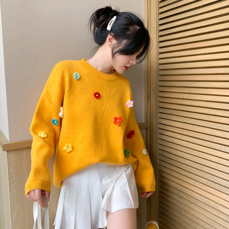 2020 autumn knitting pullovers college girls winter warm soft sweet candy colors sweater for women flower patched long sleeves | Женская