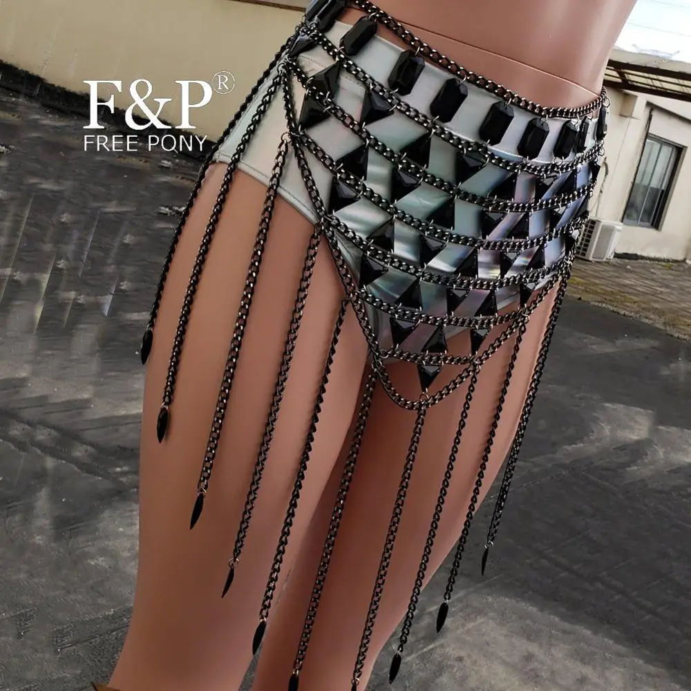 Готический черный костюм для танцев на шесте с цепочкой юбке| |