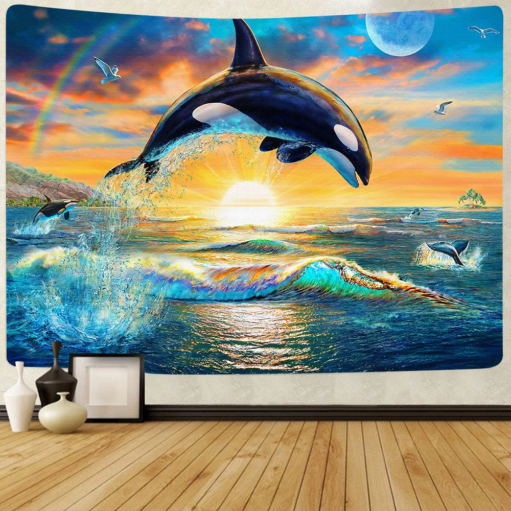 

Ocean Dolphin Tapestry Sunset Sea Wave Art Wall Hanging Tapestries for Living Room Bedroom Dorm Home Blanket Decor