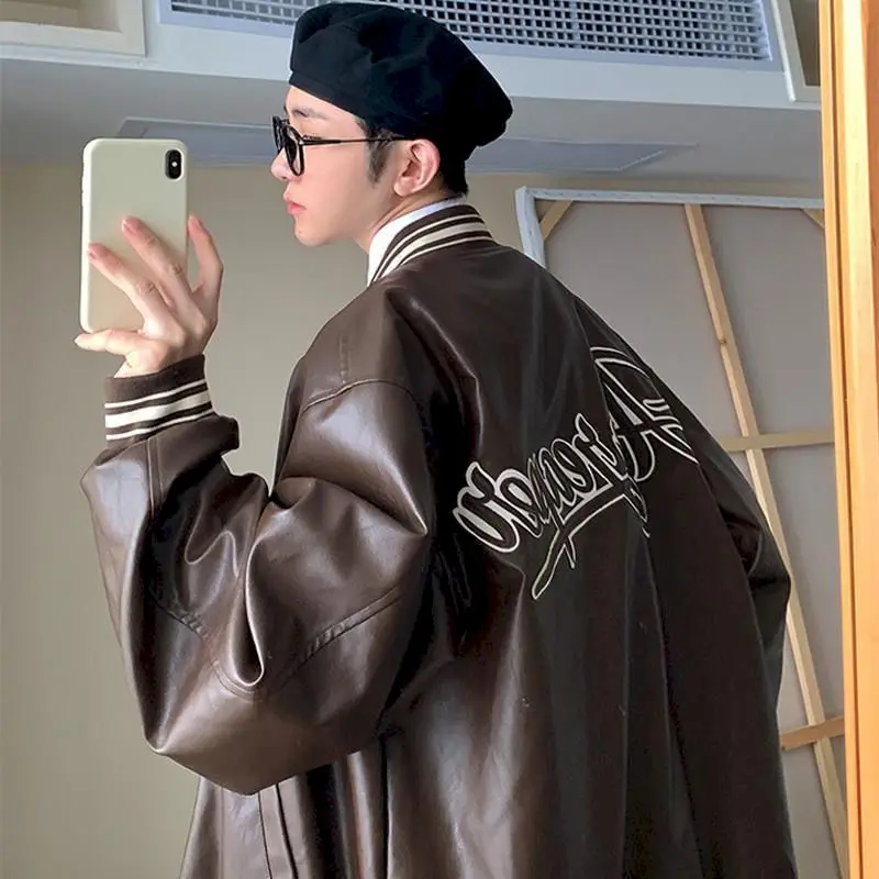 

Мужская куртка-бомбер из искусственной кожи, однобортная ветровка с цифровым принтом в виде букв, верхняя одежда, весна 2022