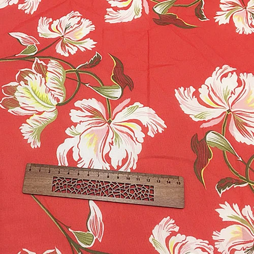 Прозрачная Шелковая марлевая ткань с цветочным принтом на красном SCG336 | Дом и сад