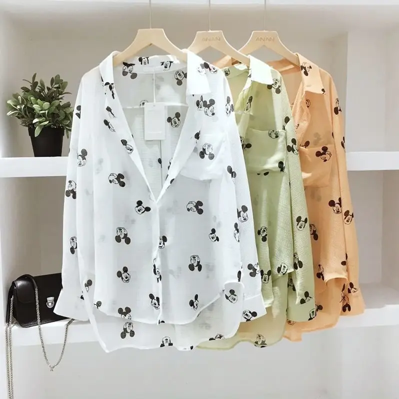 

New Fashion cartoon Stitching Casual Chiffon Blouse Women Long Sleeve Cardigan Women for Summer Green Orange White Long Shirts