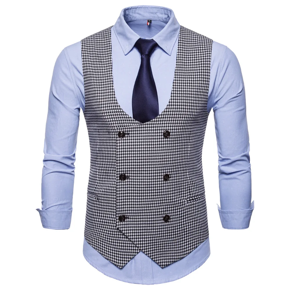

Men's U Neck Vest Small Plaid Soild Red Double Breasted For Casual Formal Slim Fit Mens Vest Dress Up Clothing (No Tie) 2021