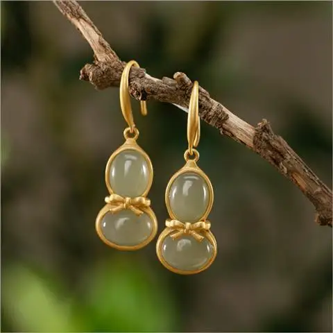 

Happy Calabash Brothers. Gray Jade Fu Lu Gourd Earring Pendant Silver Plated Bow Hetian Jade Suit Ornament