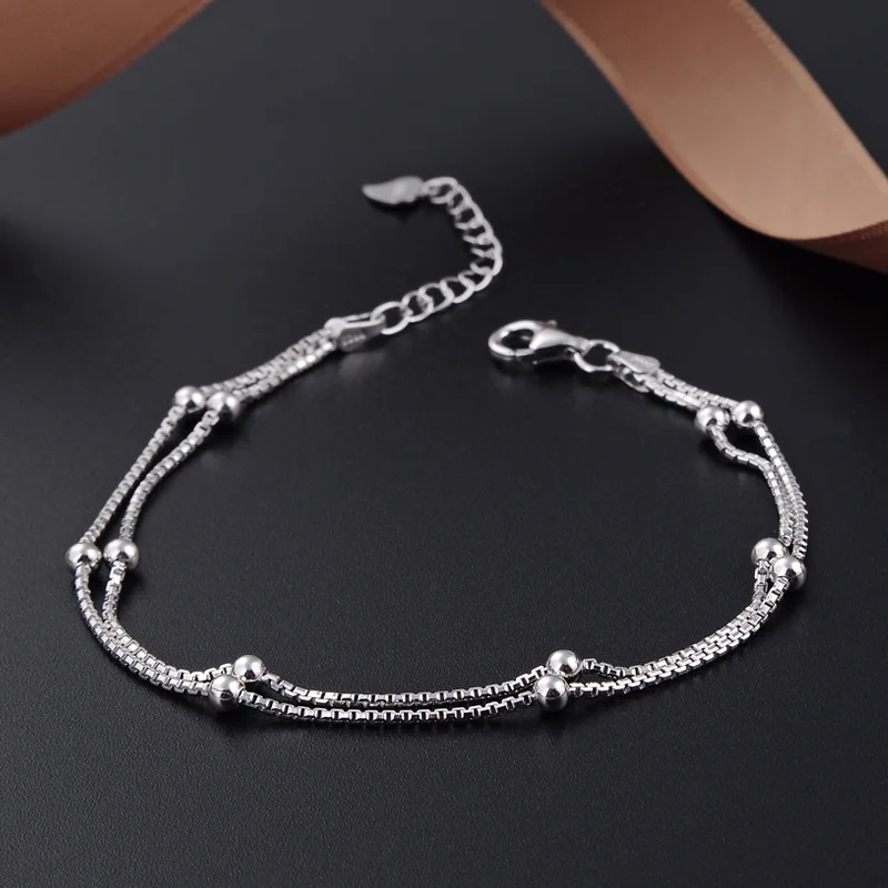 

17.5 cm Wholesale Bracelet Brand Fashion Jewelry S925 Sterling Silver Box Chain Double-layer Round Beads Lady Bracelet with Box