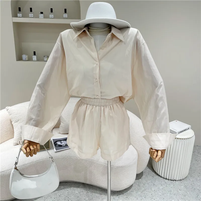 

Women's clothing Summer 2021 New drawstring lace up long sleeve slim care machine open back shirt + High Waist Shorts