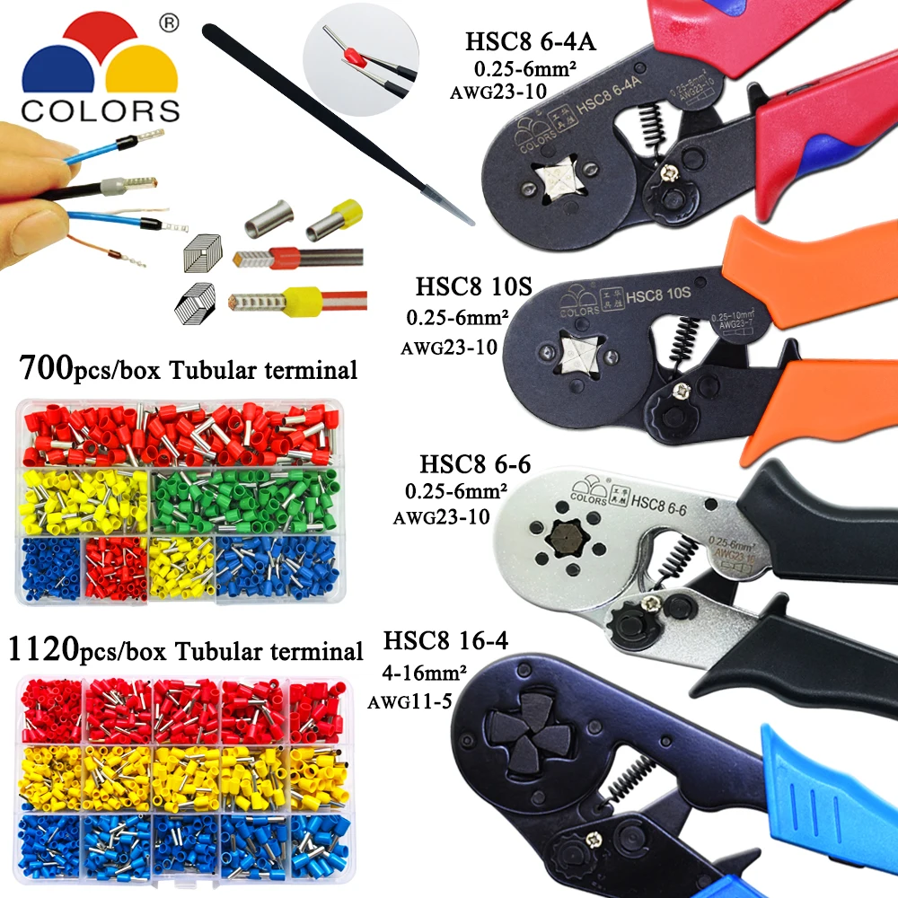 

HSC8 10S 0.25-10mm2 23-7AWG HSC8 6-4A/6-6 0.25-6mm2 HSC8 16-4 crimping pliers electric tube terminals box mini brand clamp tools