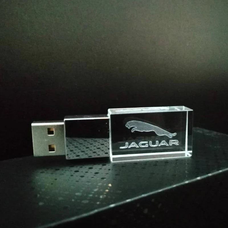 

Crystal glass JAGUAR Logo Drive Can customize the logo usb flash drive 8GB 16GB 32GB 64GB LED lights USB Flash Memory Drive