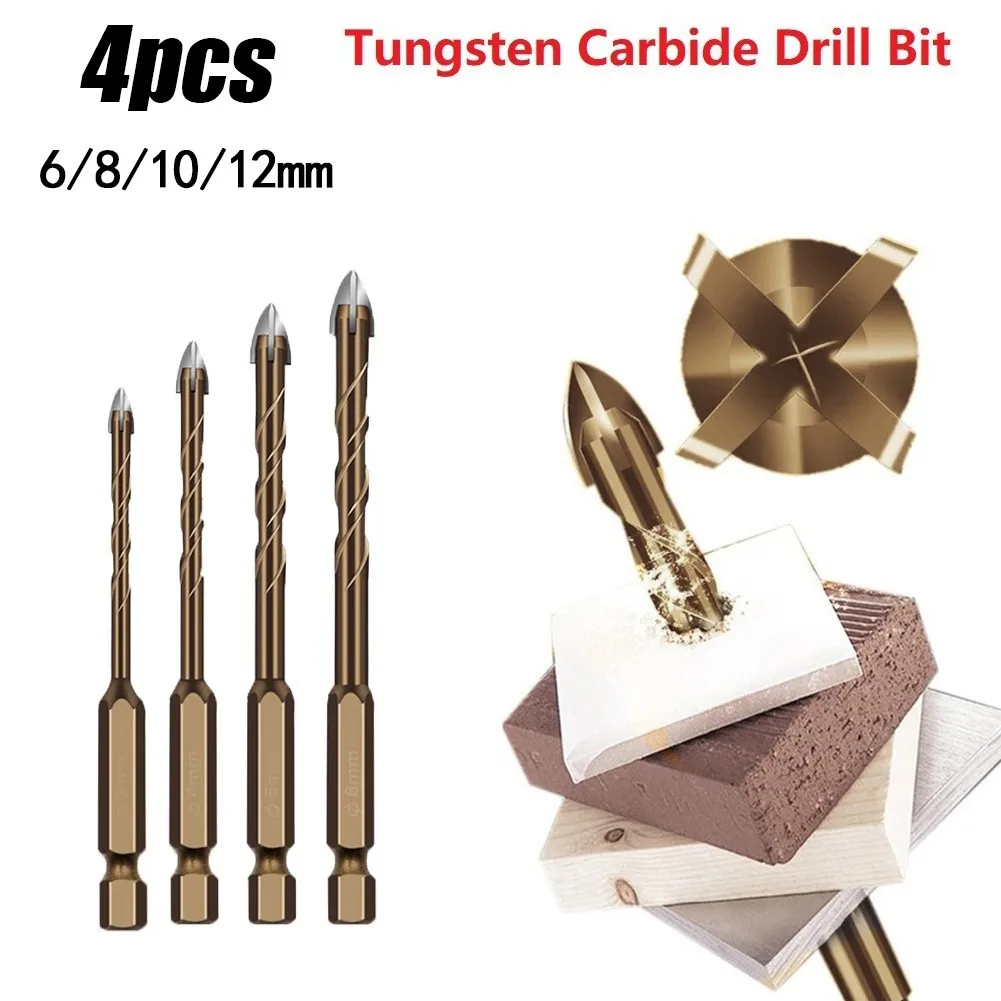 

4pcs Drill Bit Alloy Triangle Cross Hex Tile Bit Set 6/8/10/12MM Glass Ceramic Ceramics Wood Hole Opener Power Tools Accessories
