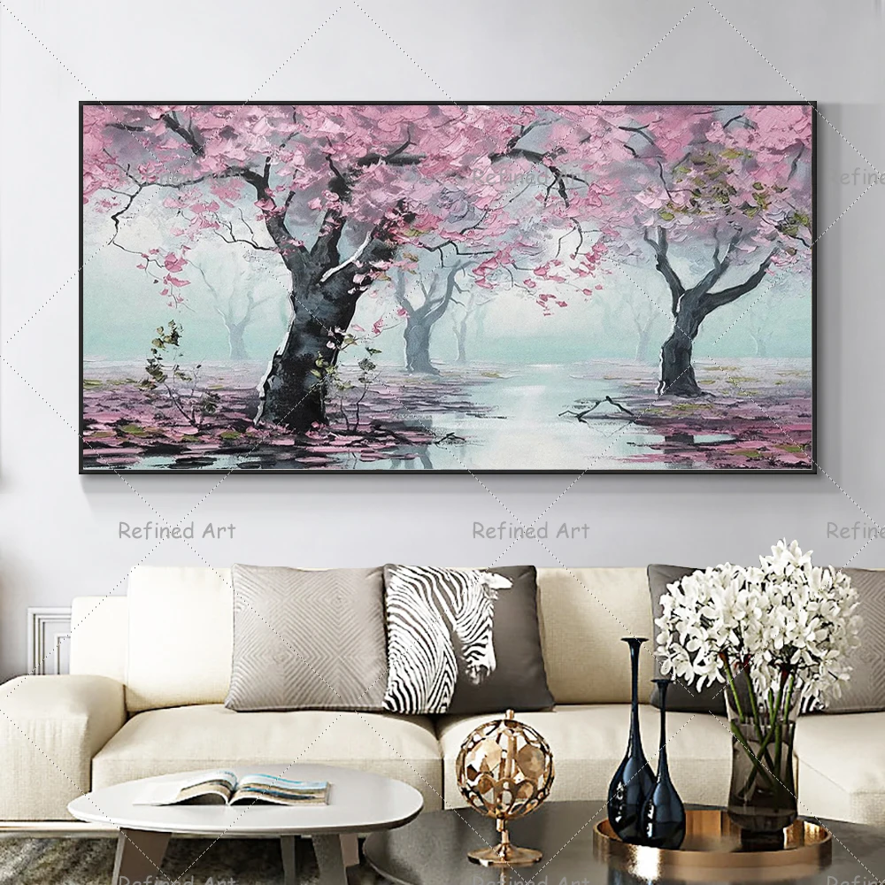 

Pink Peach Blossom Forest Abstract Landscape Hand-Painted Canvas Oil Painting Living Room Wall Home Art Decoration No Frame