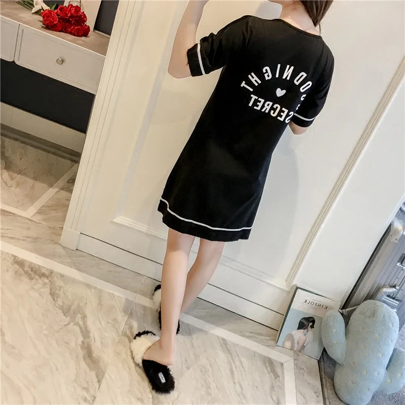 Summer Cotton Simple Fashion Short Sleeve Nightgown with Bra Short Skirt Loose Nightdress Women's Bra Free Nightwear Home Wear