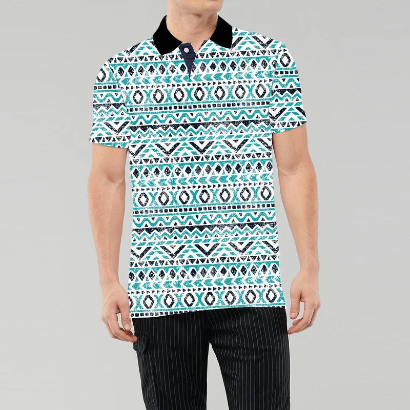 Мужская футболка-поло с геометрическим рисунком в сине-оранжевую полоску