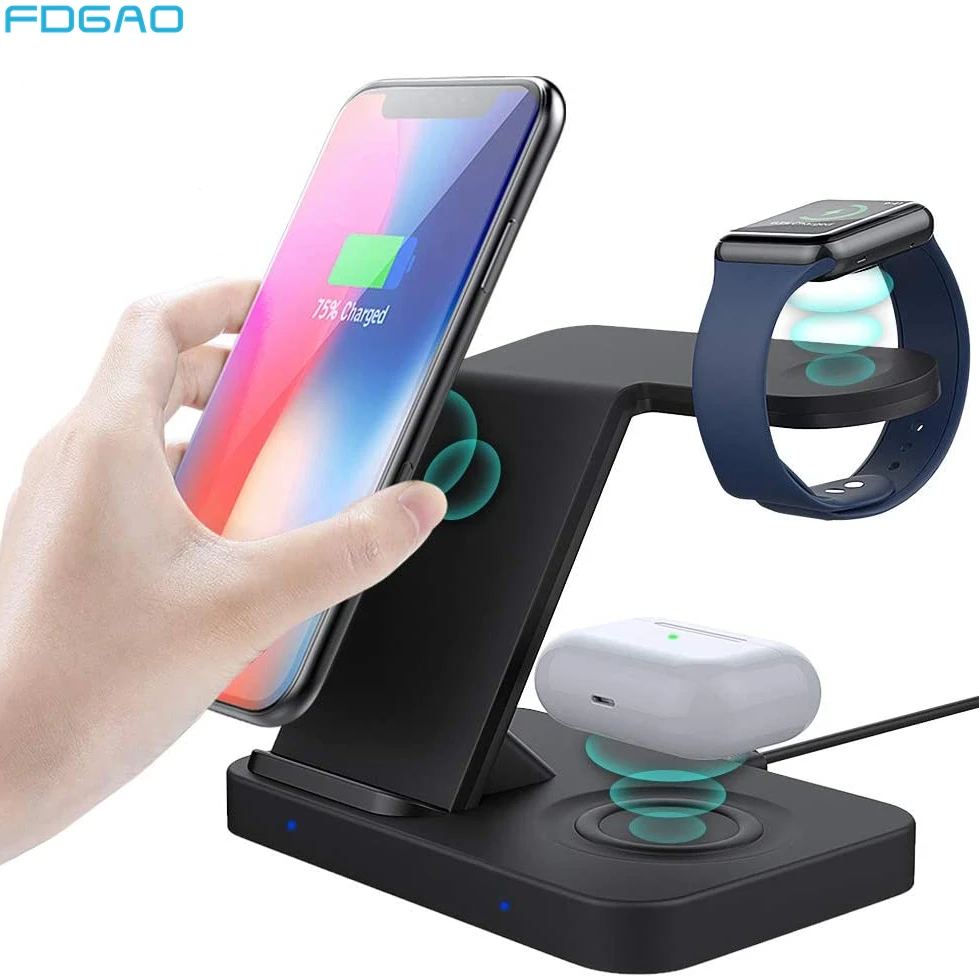 Беспроводная зарядная док станция 3 в 1 Qi 15 Вт для iPhone 12 11 XS XR X 8 Apple Watch 6 SE 5 4 2 Airpods
