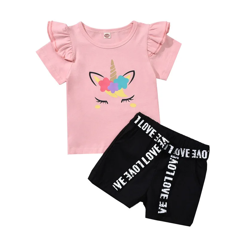 

1-6 year children's clothing little girl pink suit cute printed sets wholesale boutique 2-piece leisure baby costumes New