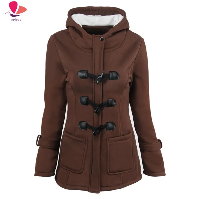 

APIPEE Winter Spring Autumn Women Outdoor Hooded Horn Leather Buckle Solid Coat And Jacket Outwear 6XL