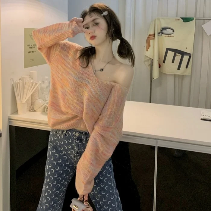 

Rainbow Bar Gradient Striped Contrast Color Long Sleeves Knitwear Women 2021 Autumn Design Sense Style Top Rac