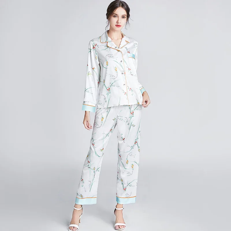 

Floral Print Pajamas Set Women New 2PCS Sleepwear Satin Silky Sleep Set Casual Shirt&Pants Female Pyjamas Suit Home Clothing